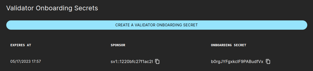 Generate an onboarding secret in the SV UI.